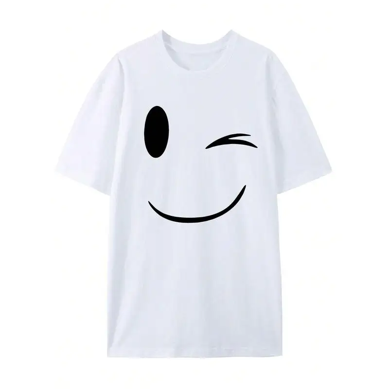 Men's Summer Casual T Shirt Fashionable Smiling Face Print Breathable Round Neck Short Sleeved Top