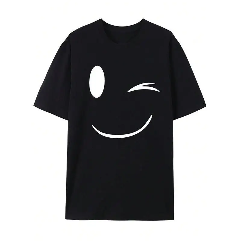 Men's Summer Casual T Shirt Fashionable Smiling Face Print Breathable Round Neck Short Sleeved Top