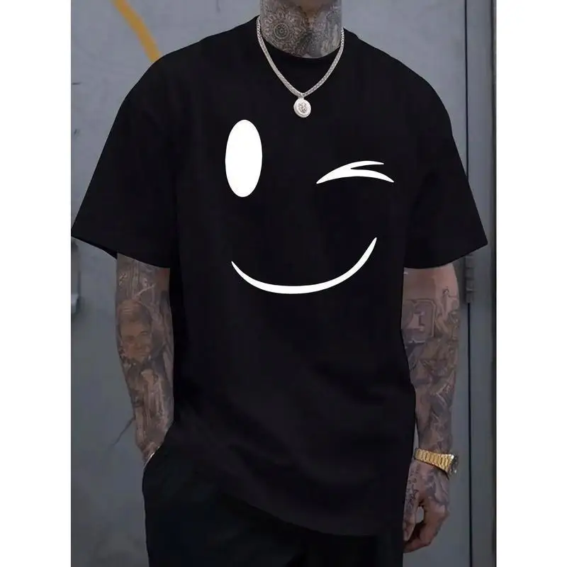Men's Summer Casual T Shirt Fashionable Smiling Face Print Breathable Round Neck Short Sleeved Top