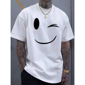 Men's Summer Casual T Shirt Fashionable Smiling Face Print Breathable Round Neck Short Sleeved Top