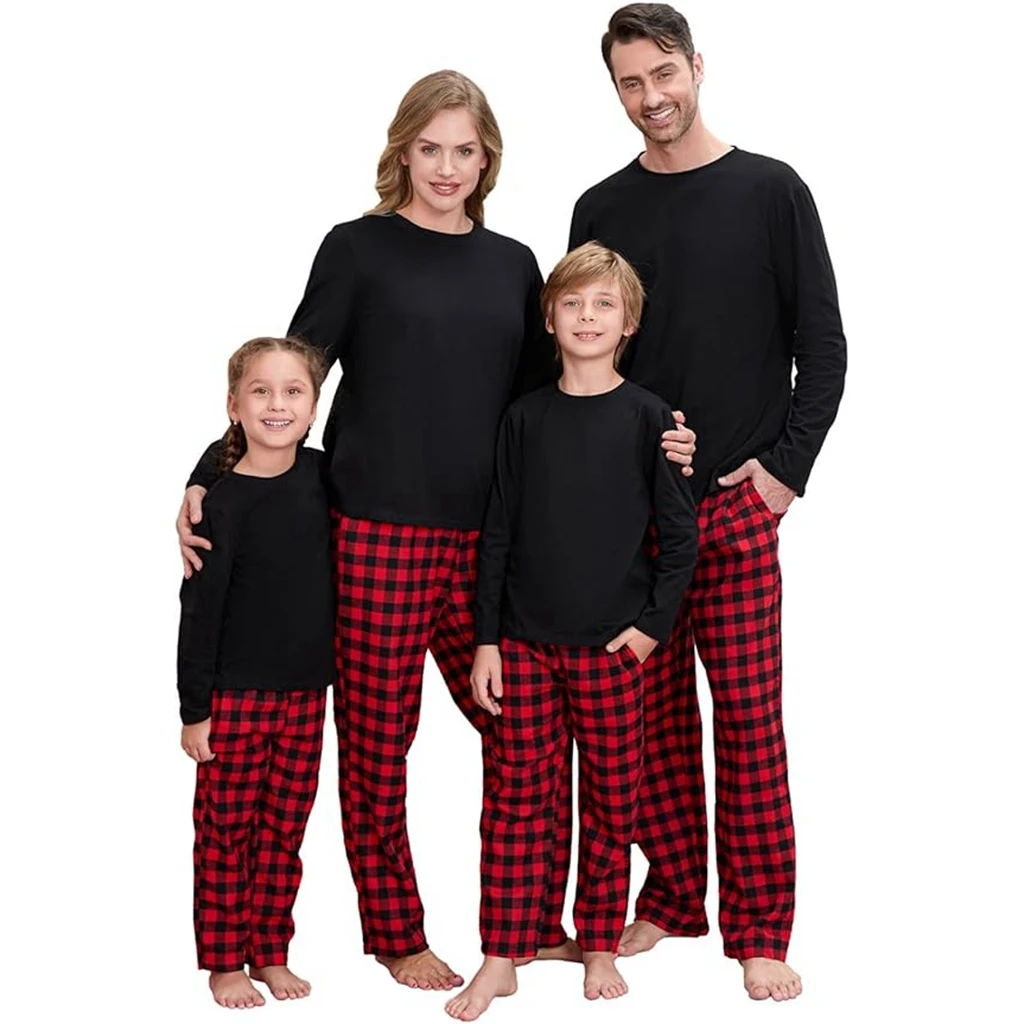Combhasaki Family Matching Christmas Pajamas Loungewear Set Long Sleeve Solid Color T-Shirt Tops + Plaid Pants Holiday Sleepwear - Image 6