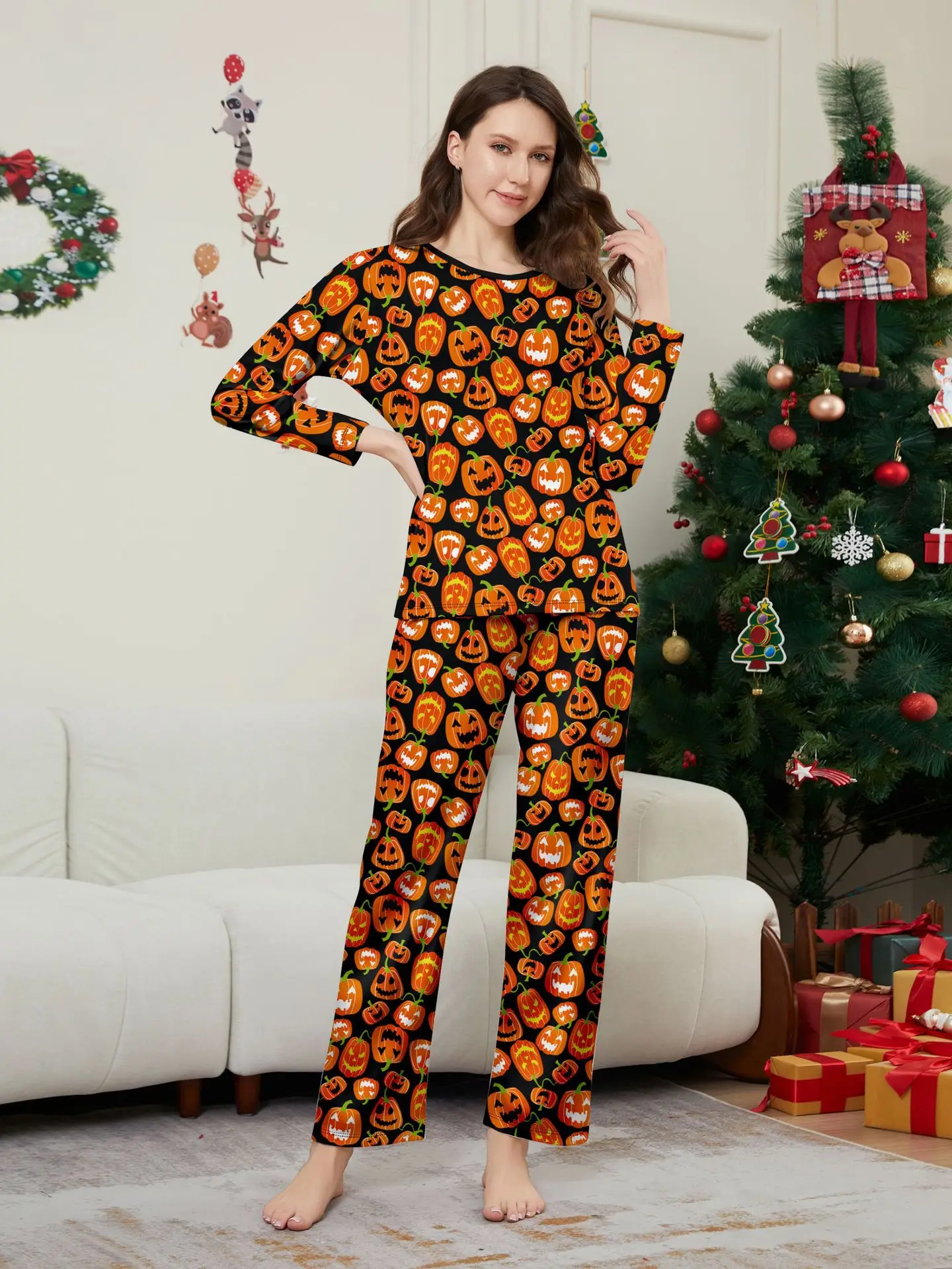 Halloween parent-child pajama set pumpkin funny devil print European and American style home wear