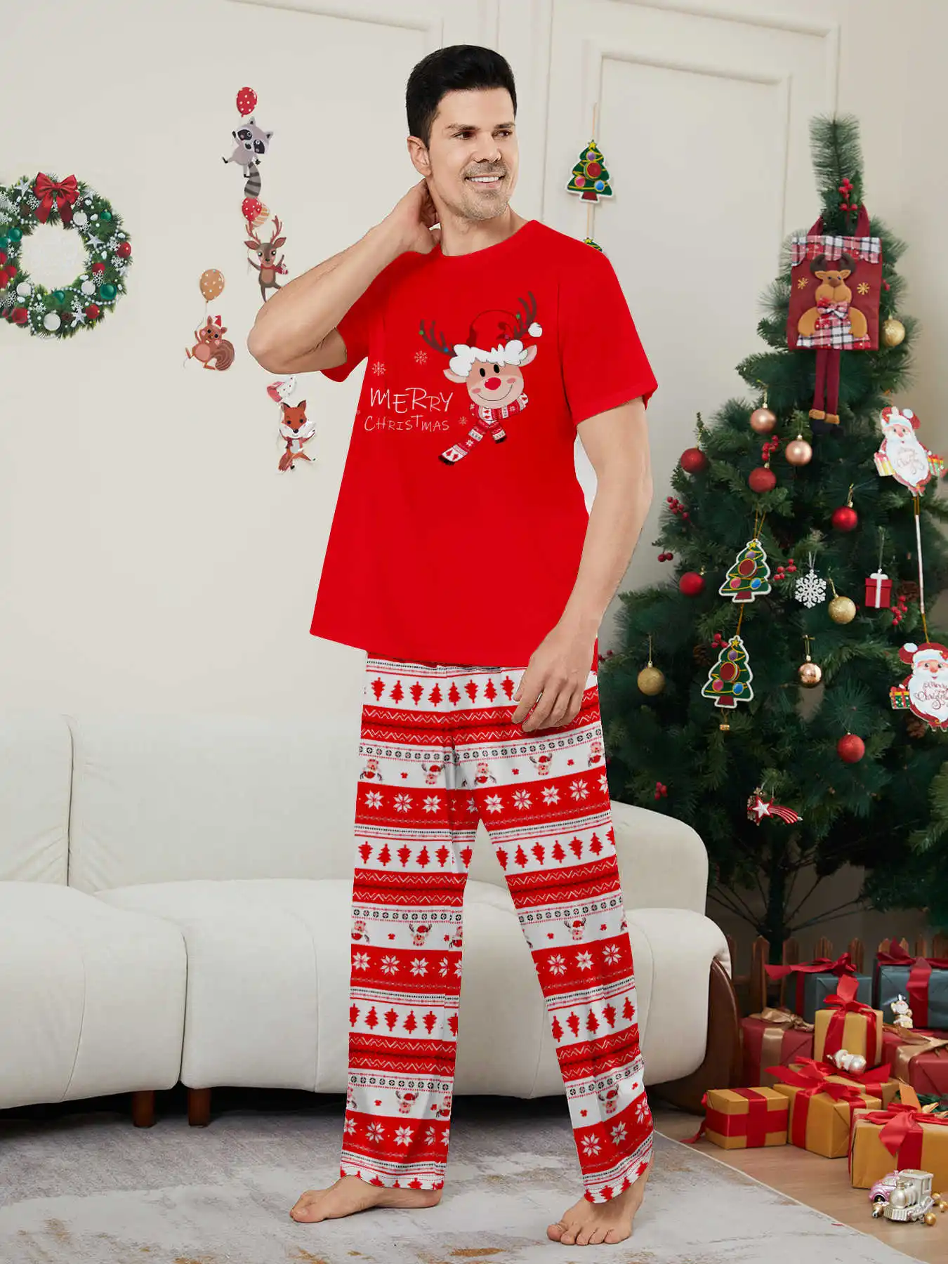 New Year's Costumes Short Sleeve Christmas Pyjamas Set Adults Kids Matching Outfits Cute Elk Print T-shirt+Trousers Loungewear - Image 3