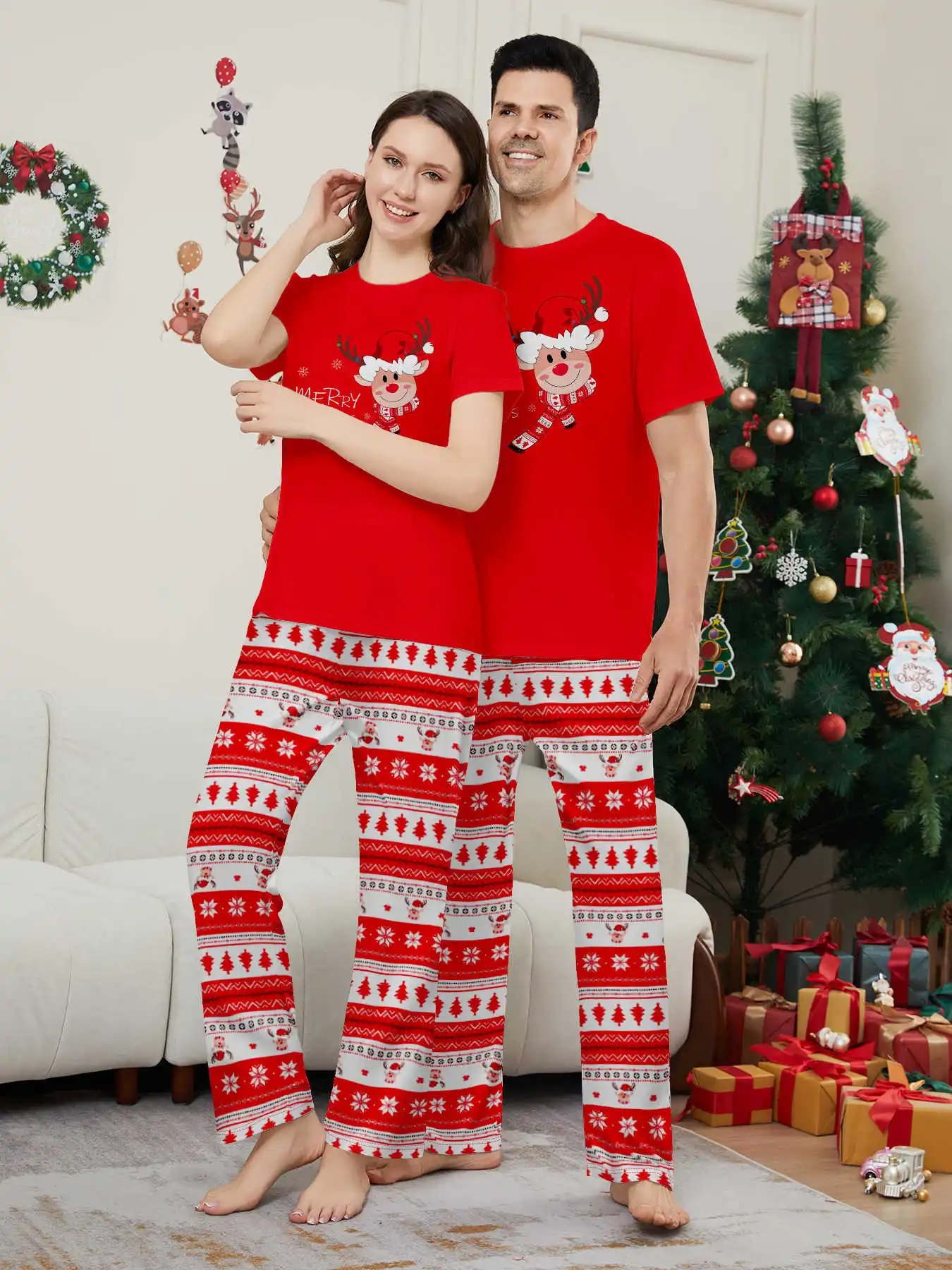 New Year's Costumes Short Sleeve Christmas Pyjamas Set Adults Kids Matching Outfits Cute Elk Print T-shirt+Trousers Loungewear - Image 2
