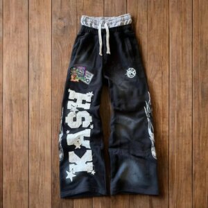Summer Hot Sale Y2K Hip Hop Baggy Wide Leg Pants Unisex Double Layer Waist Letter Patch Flame Print Streetwear Loose Trousers