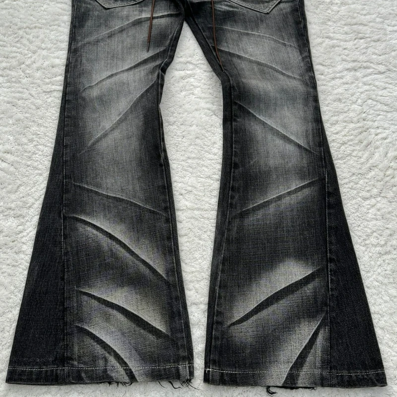 Y2K Distressed Flare Jeans Gothic Men Double Waist Lace Up Denim Pants Retro Washed Scratches Streetwear Unisex Bootcut Jeans - Image 4
