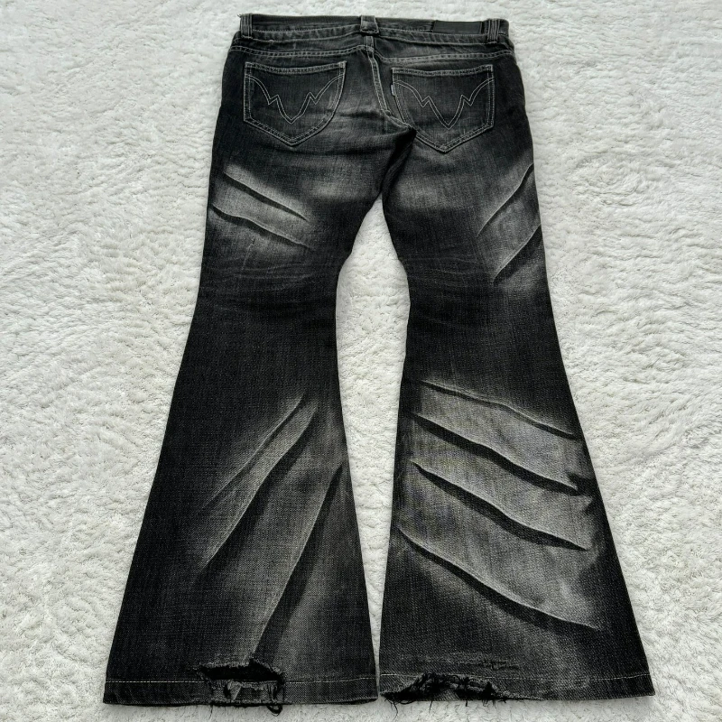 Y2K Distressed Flare Jeans Gothic Men Double Waist Lace Up Denim Pants Retro Washed Scratches Streetwear Unisex Bootcut Jeans - Image 2