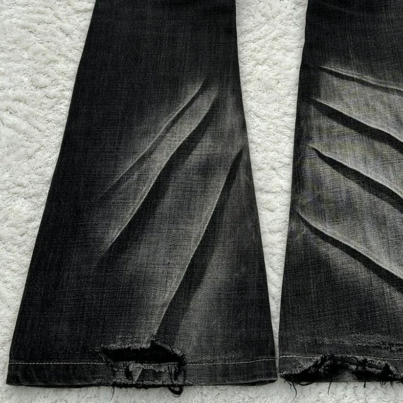 Y2K Distressed Flare Jeans Gothic Men Double Waist Lace Up Denim Pants Retro Washed Scratches Streetwear Unisex Bootcut Jeans - Image 6