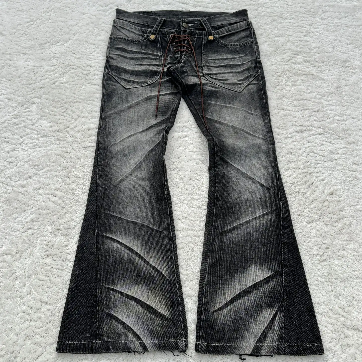 Y2K Distressed Flare Jeans Gothic Men Double Waist Lace Up Denim Pants Retro Washed Scratches Streetwear Unisex Bootcut Jeans Y2K Distressed Flare Jeans Gothic Men Double Waist Lace Up Denim Pants Retro Washed Scratches Streetwear Unisex Bootcut Jeans