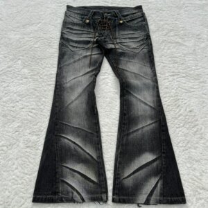 Y2K Distressed Flare Jeans Gothic Men Double Waist Lace Up Denim Pants Retro Washed Scratches Streetwear Unisex Bootcut Jeans