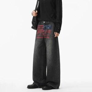 American-style vintage distressed printed washed gray jeans, unisex, versatile loose straight-leg casual trendy pants