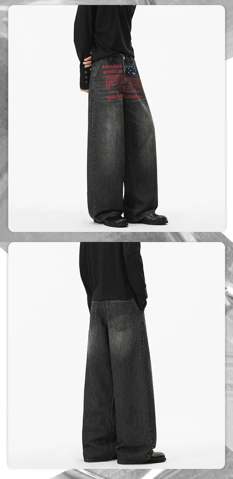 American-style vintage distressed printed washed gray jeans, unisex, versatile loose straight-leg casual trendy pants American-style vintage distressed printed washed gray jeans, unisex, versatile loose straight-leg casual trendy pants