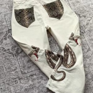 Streetwear Retro Snake Jeans Boa Embroidery Graphic Python Print Pocket Denim Pants Y2K Trend Unisex Baggy Straight Leg Pants