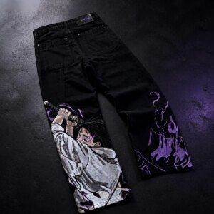 Men Y2K Anime Character Embroidered Jeans Streetwear Cargo Denim Pants Straight Leg High Waist Loose Rock Punk Unisex Jeans