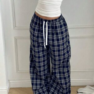 Summer Quick Dry Wide Leg Long Pants Unisex Navy White Plaid Check Print Drawstring Loose Y2K Daily Casual Streetwear Trousers