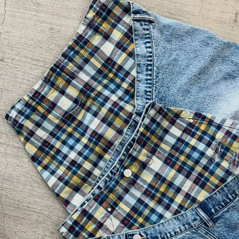 Y2k Slanted Runway Baggy Jeans Retro Plaid Patchwork Men Women Wide Leg Pants American Hip Hop Streetwear Unisex Casual Jeans - Image 5