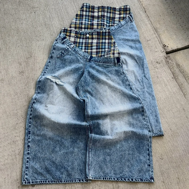 Y2k Slanted Runway Baggy Jeans Retro Plaid Patchwork Men Women Wide Leg Pants American Hip Hop Streetwear Unisex Casual Jeans - Image 4