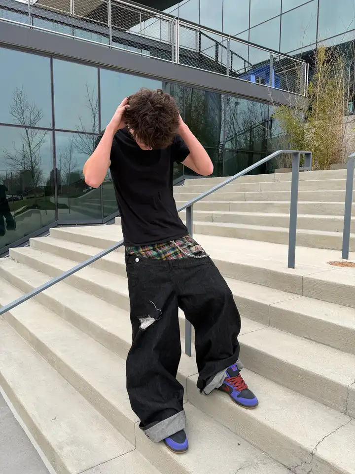 Y2k Slanted Runway Baggy Jeans Retro Plaid Patchwork Men Women Wide Leg Pants American Hip Hop Streetwear Unisex Casual Jeans Y2k Slanted Runway Baggy Jeans Retro Plaid Patchwork Men Women Wide Leg Pants American Hip Hop Streetwear Unisex Casual Jeans