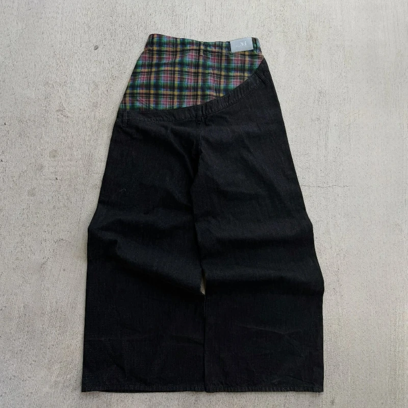 Y2k Slanted Runway Baggy Jeans Retro Plaid Patchwork Men Women Wide Leg Pants American Hip Hop Streetwear Unisex Casual Jeans - Image 3