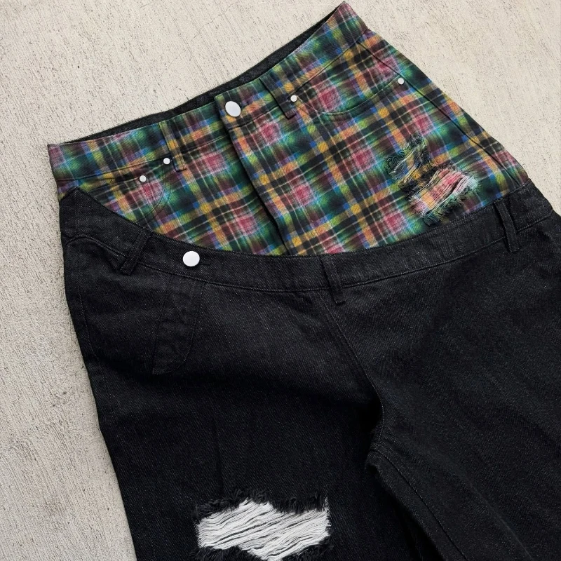 Y2k Slanted Runway Baggy Jeans Retro Plaid Patchwork Men Women Wide Leg Pants American Hip Hop Streetwear Unisex Casual Jeans - Image 2