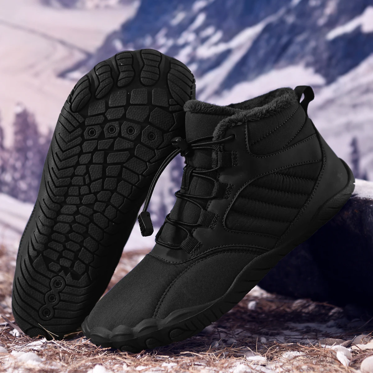 Unisex Winter Fleece Lined Barefoot Snow Boots Five Toe Wide Toe Box Quick Lock Laces Non Slip Warm Outdoor Hiking Trekking Minimalist Cold Weather Walking Casual Footwear