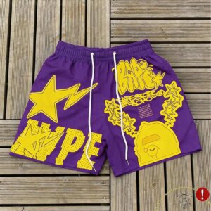 Purple Yellow  Graphic Shorts Loose Summer Beach Hip Hop Unisex Casual Five Points Star Letter Streetwear Sports Short Pants