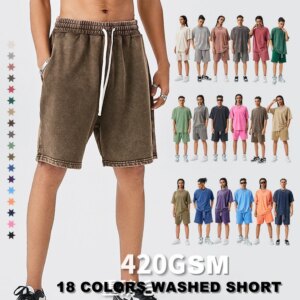 ZODF Trendy Batik Washed 420gsm Cotton Shorts For Men Retro Unisex Basic Heavy Weight Loose Solid Shorts Brand Bottoms HY0855