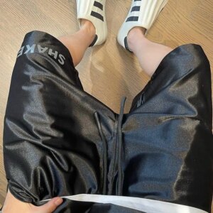 Gmiixder Korean Black Silver Shorts American High-end Trendy Glossy Draped Sports Shorts Unisex Half Pants Sun Protection Chic