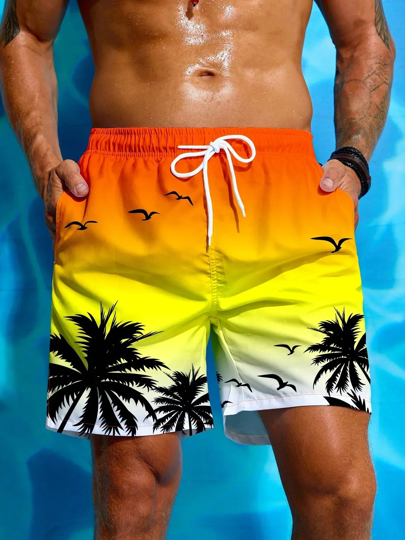 Men's loose and quick drying coconut tree shorts are suitable for summer men's and women's 3D printed casual loose sports shorts