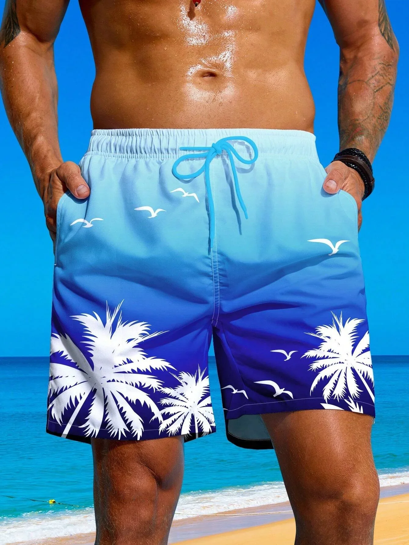 Men's loose and quick drying coconut tree shorts are suitable for summer men's and women's 3D printed casual loose sports shorts