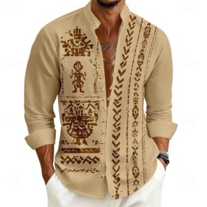 Men's Stand up Collar Long Sleeved Shirt with Retro Print and Loose Buckle, Bohemian Beach Vacation, Daily Casual Men's Top