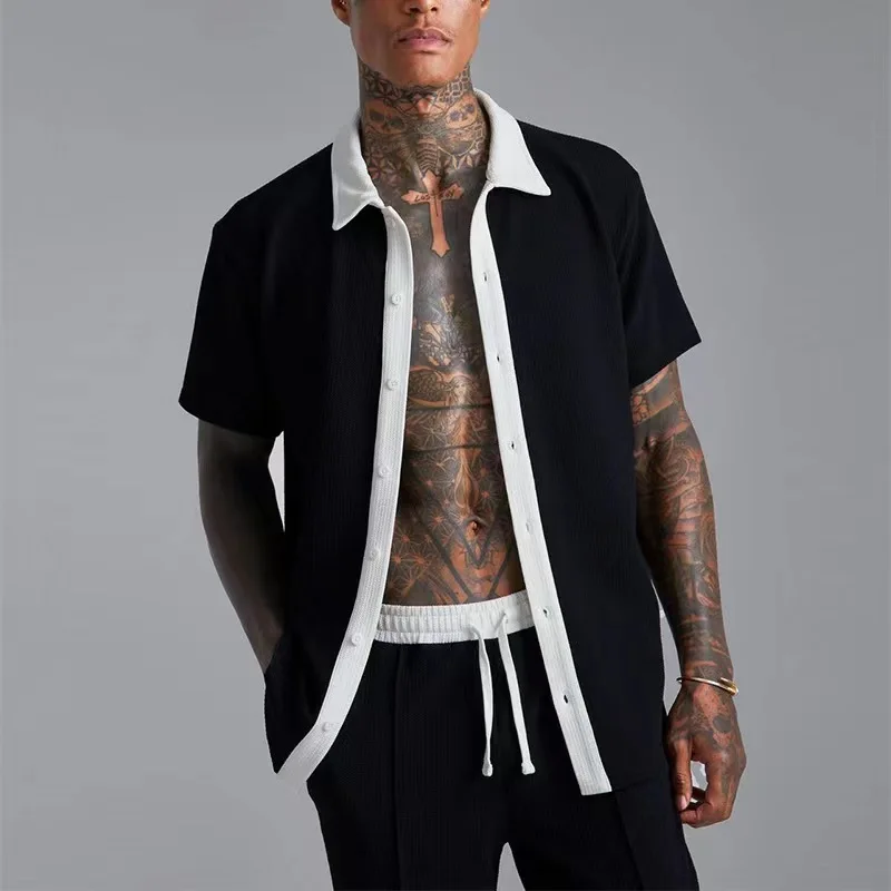 2025 Summer Beach Suit Fashion Patchwork Color Large Size Two-Piece Men's Short Sleeve Shirt + Shorts Hawaiian Casual Clothing - Image 2