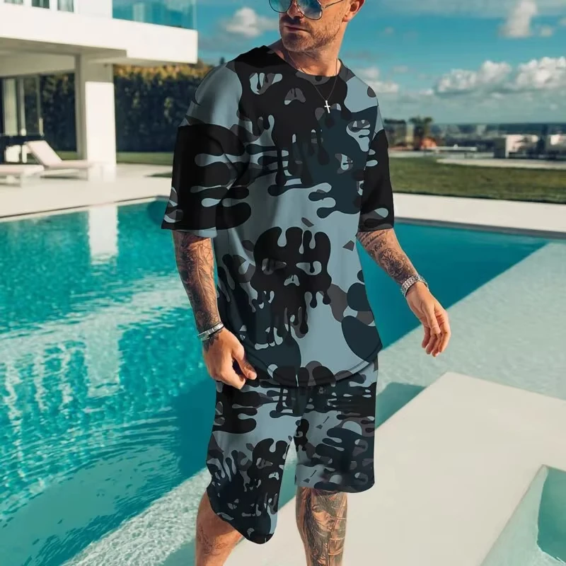 Fashionable men's sportswear summer beach short sleeved 3D printed shirt set street wear T-shirt shorts men's loose size clothes Fashionable men's sportswear summer beach short sleeved 3D printed shirt set street wear T-shirt shorts men's loose size clothes