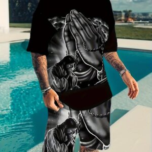 Summer 2025 new men's casual set, street fashion and comfortable T-shirt, 3D digital print pattern, outdoor sports running short