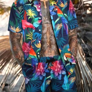 Men's New Hawaiian Short-Sleeved Shirt Shorts Set Summer Daily Travel Shirt Beach Casual Drawstring Shorts Jungle Print Set