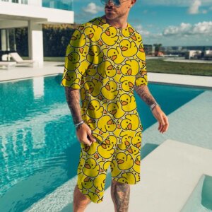 Cute duck 3D printed T-shirt shorts set for men's casual fashion loose short sleeved T-shirt pants set for men's lightweight and