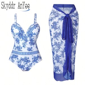 Summer Plus Size Vintage Print One Piece Swimsuit For Women Push Up Swimwear Mesh Cover Up Bathing Suit Beach Wear Swimming Suit