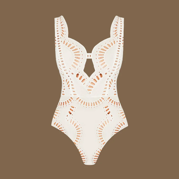 Flaxmaker 2025 Women Swimsuit And Skirts Summer White Hollow Out One Piece Swimwear Femme Sexy Deep V Neck Beachwear Sets