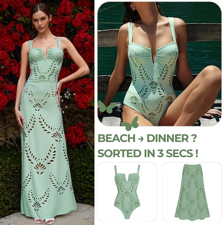 Flaxmaker 2025 Women Swimsuit And Skirts Summer White Hollow Out One Piece Swimwear Femme Sexy Deep V Neck Beachwear Sets
