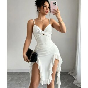 Dresses for Women Fashion Summer Spaghetti Strap Women Dress Asymmetrical White Folds Dress Women Vestidos De Verano Mujer