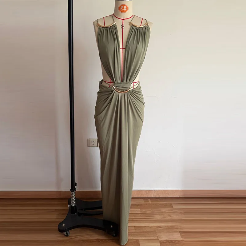 Sexy Women's Backless Dress Halter Sleeveless Waist Hollow Out Solid Female Dresses 2026 Summer Vacation Beach Fashion Lady Robe