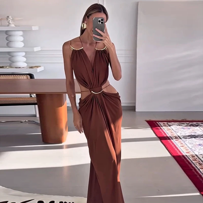 Sexy Women's Backless Dress Halter Sleeveless Waist Hollow Out Solid Female Dresses 2026 Summer Vacation Beach Fashion Lady Robe