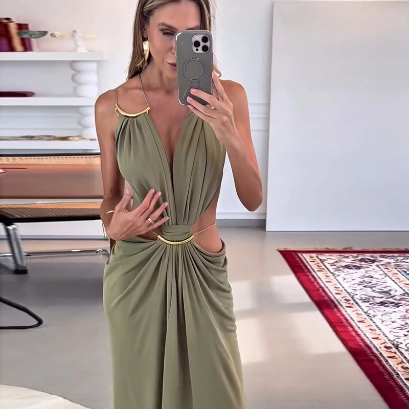 Sexy Women's Backless Dress Halter Sleeveless Waist Hollow Out Solid Female Dresses 2026 Summer Vacation Beach Fashion Lady Robe
