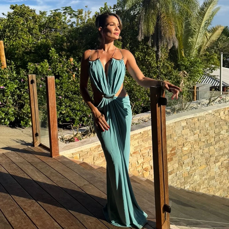 Sexy Women's Backless Dress Halter Sleeveless Waist Hollow Out Solid Female Dresses 2026 Summer Vacation Beach Fashion Lady Robe