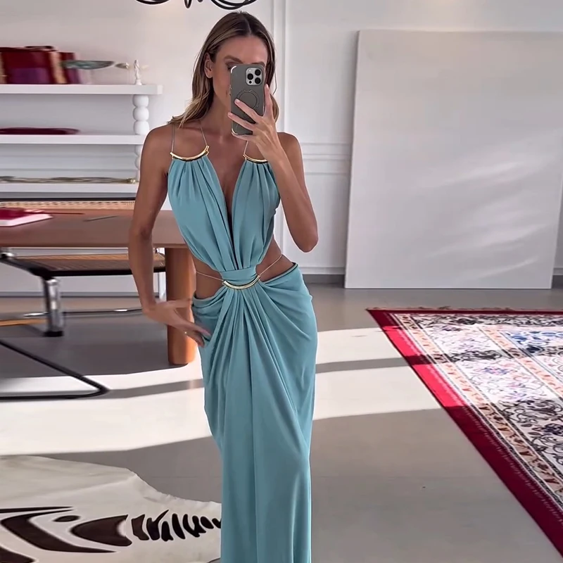 Sexy Women's Backless Dress Halter Sleeveless Waist Hollow Out Solid Female Dresses 2026 Summer Vacation Beach Fashion Lady Robe