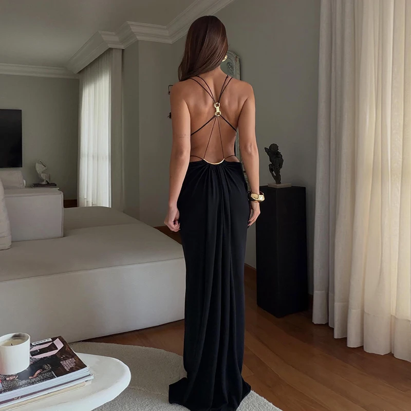 Sexy Women's Backless Dress Halter Sleeveless Waist Hollow Out Solid Female Dresses 2026 Summer Vacation Beach Fashion Lady Robe