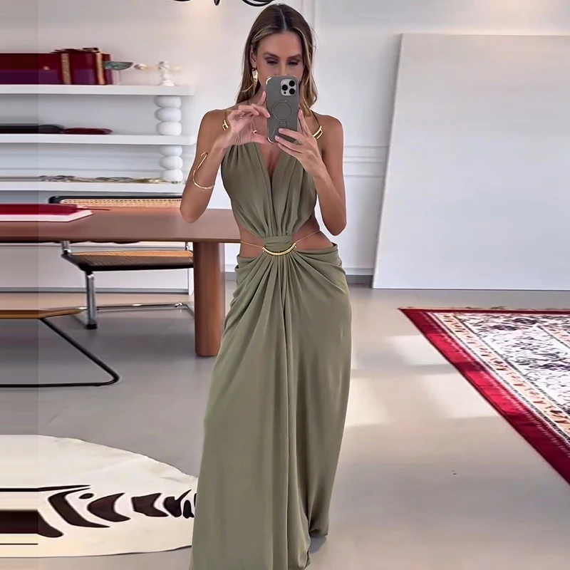 Sexy Women's Backless Dress Halter Sleeveless Waist Hollow Out Solid Female Dresses 2026 Summer Vacation Beach Fashion Lady Robe