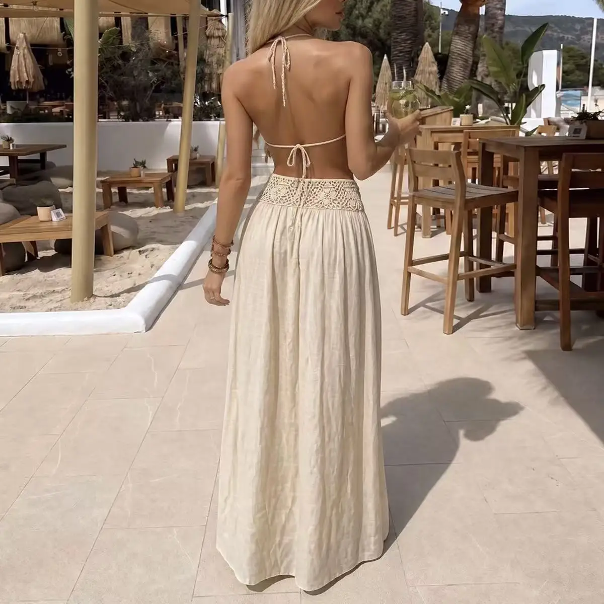 Boho Style Shell Decor Hand Hook Top Long Skirt Set, Summer Beach Vacation Tie Design Hollow Out Sheer Cover-Up Set, Two-Piece Boho Style Shell Decor Hand Hook Top Long Skirt Set, Summer Beach Vacation Tie Design Hollow Out Sheer Cover-Up Set, Two-Piece