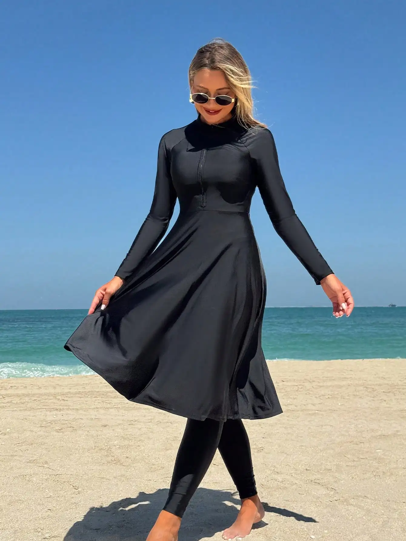 Elegant Black Women's Flesh-Covering Slimming Zipper Long-Sleeved Dress Pants Seaside Sun Protection Swimsuit Beach Suit Elegant Black Women's Flesh-Covering Slimming Zipper Long-Sleeved Dress Pants Seaside Sun Protection Swimsuit Beach Suit