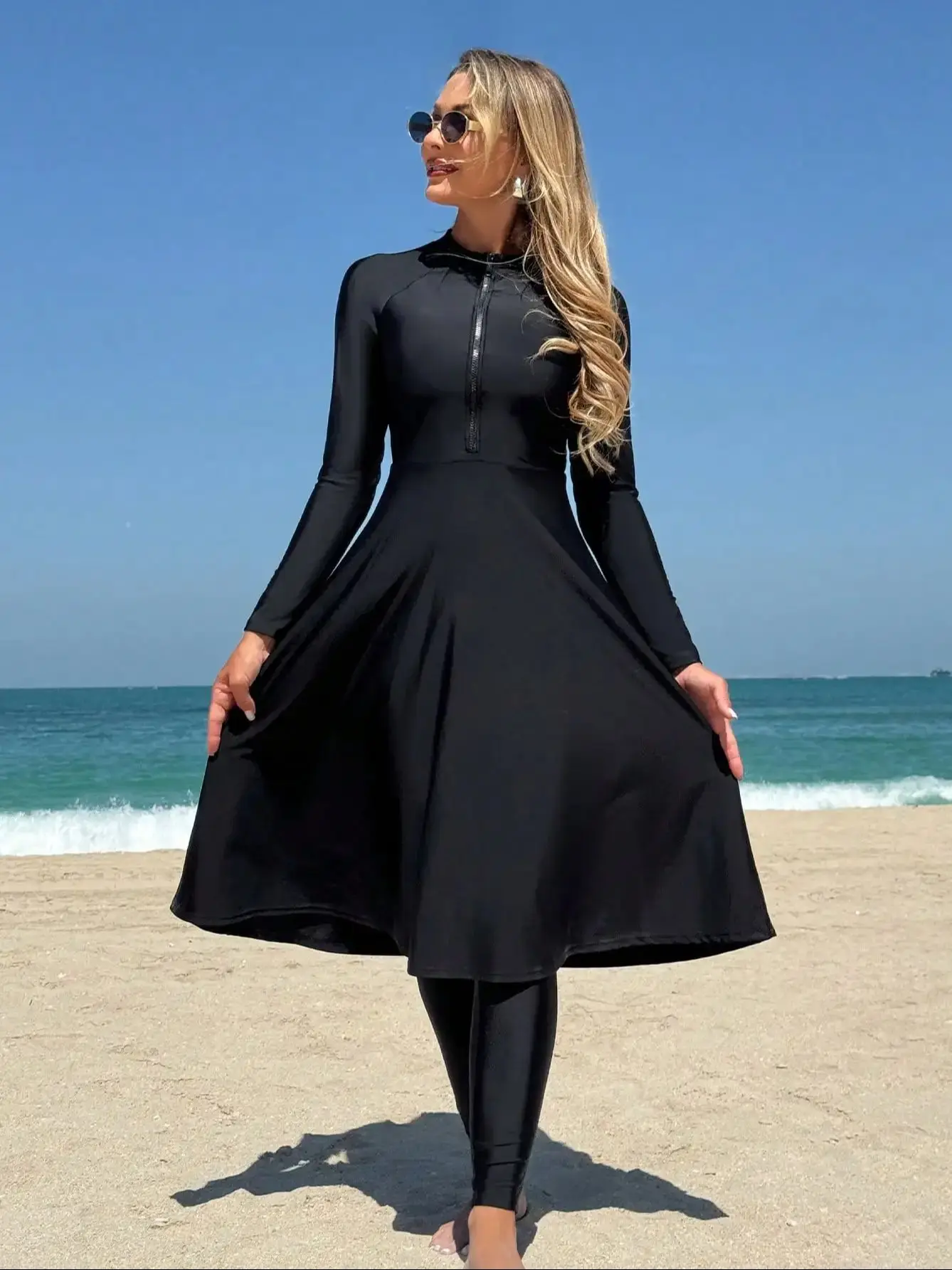 Elegant Black Women's Flesh-Covering Slimming Zipper Long-Sleeved Dress Pants Seaside Sun Protection Swimsuit Beach Suit Elegant Black Women's Flesh-Covering Slimming Zipper Long-Sleeved Dress Pants Seaside Sun Protection Swimsuit Beach Suit